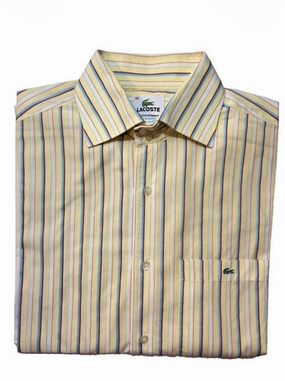 Lacoste 40 Yellow Multi Stripe Long Sleeve Button Front Cotton Shirt Men's Size